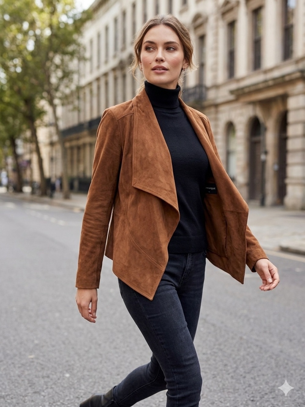 Lamarque Chestnut Suede leather Draped Open-Front Jacket